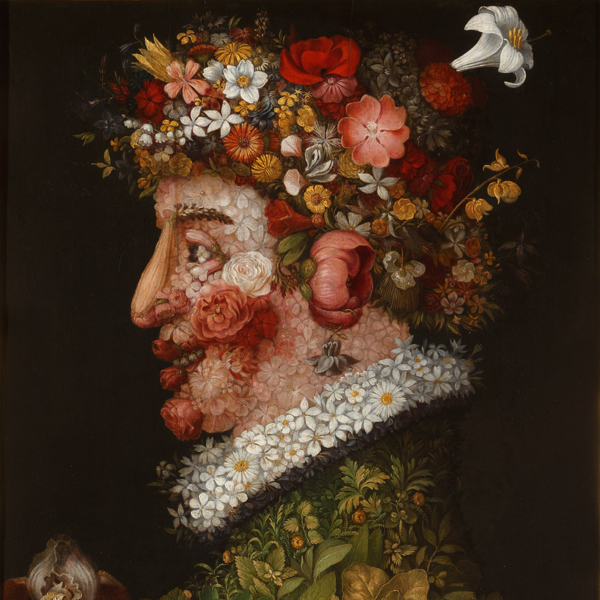 Painting of a male head made of flowers.