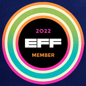 Electronic Frontier Foundation 2022 Member Badge showing 2022 EFF Member in concentric, colorful circles.