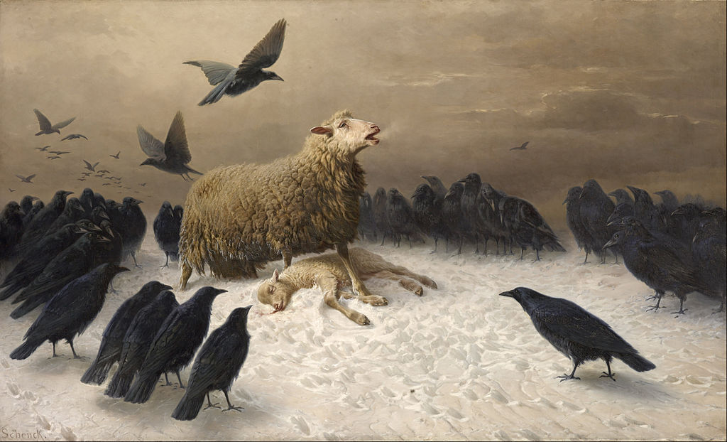 Painting of a sheep lamenting the death of a lamb surrounded by crows.
