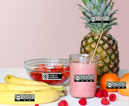 Image of a smoothie in a glass with a straw surrounded by fruits, all decorated with Creative Commons license badges. This work, CC Smoothie by Nate Angell is licensed under CC BY, and is a derivative of Strawberry Smoothie On Glass Jar by Element5 (https://www.pexels.com/photo/strawberry-smoothie-on-glass-jar-775032/) in the public domain, and various Creative Commons license buttons by Creative Commons (https://creativecommons.org/about/downloads) used under CC BY.