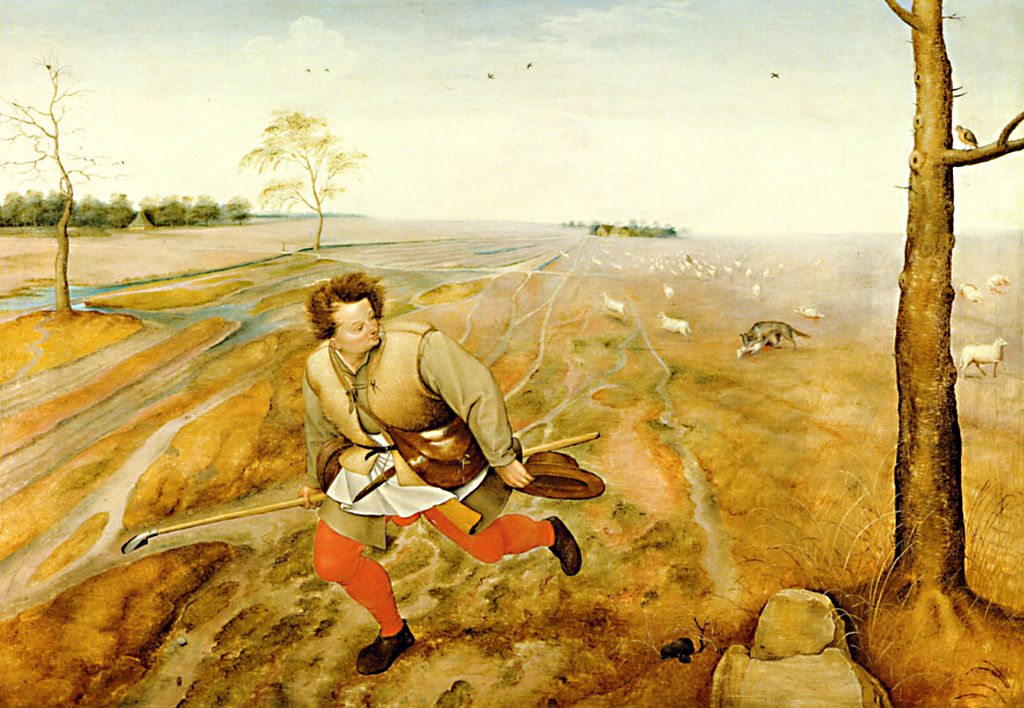 Painting showing a shepherd running away from his flock while a wolf kills sheep.