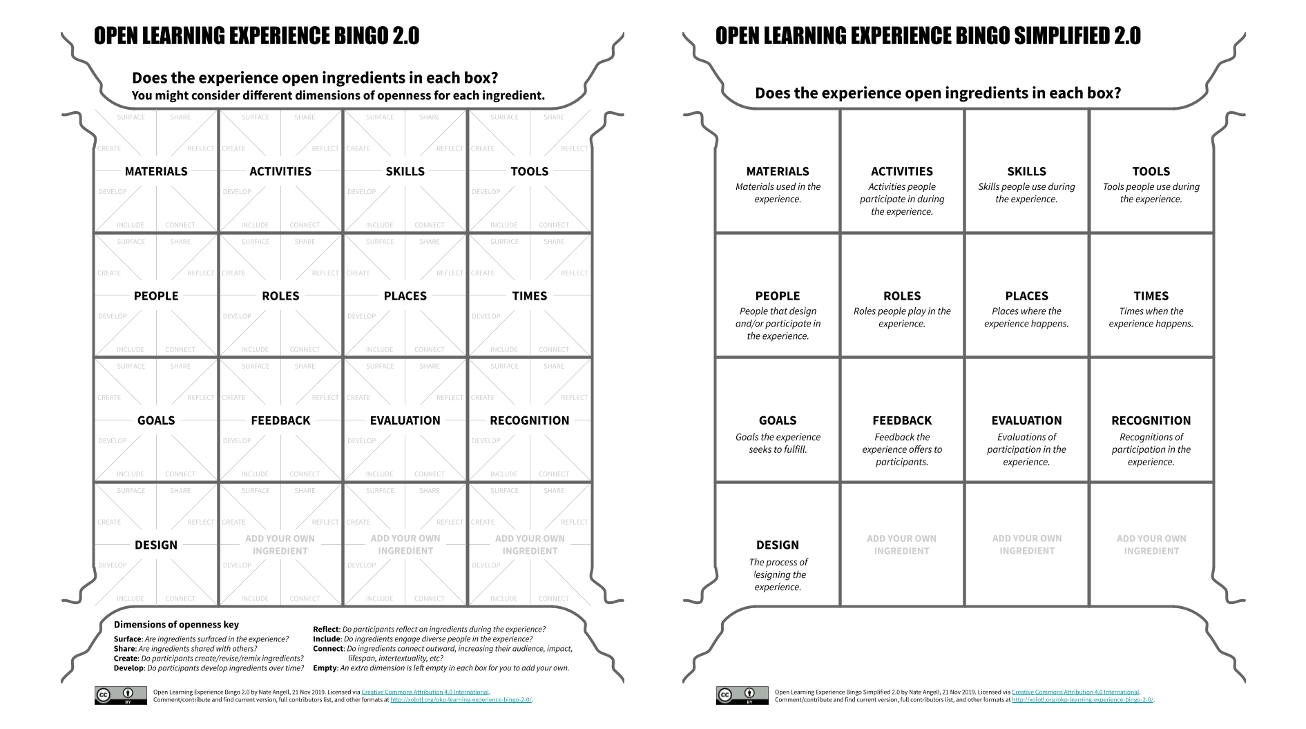 Screenshot of a bingo card for open learning experience design side-by-side with a simplified version of it, accessible at: https://xolotl.org/okp-learning-experience-bingo-2-0/