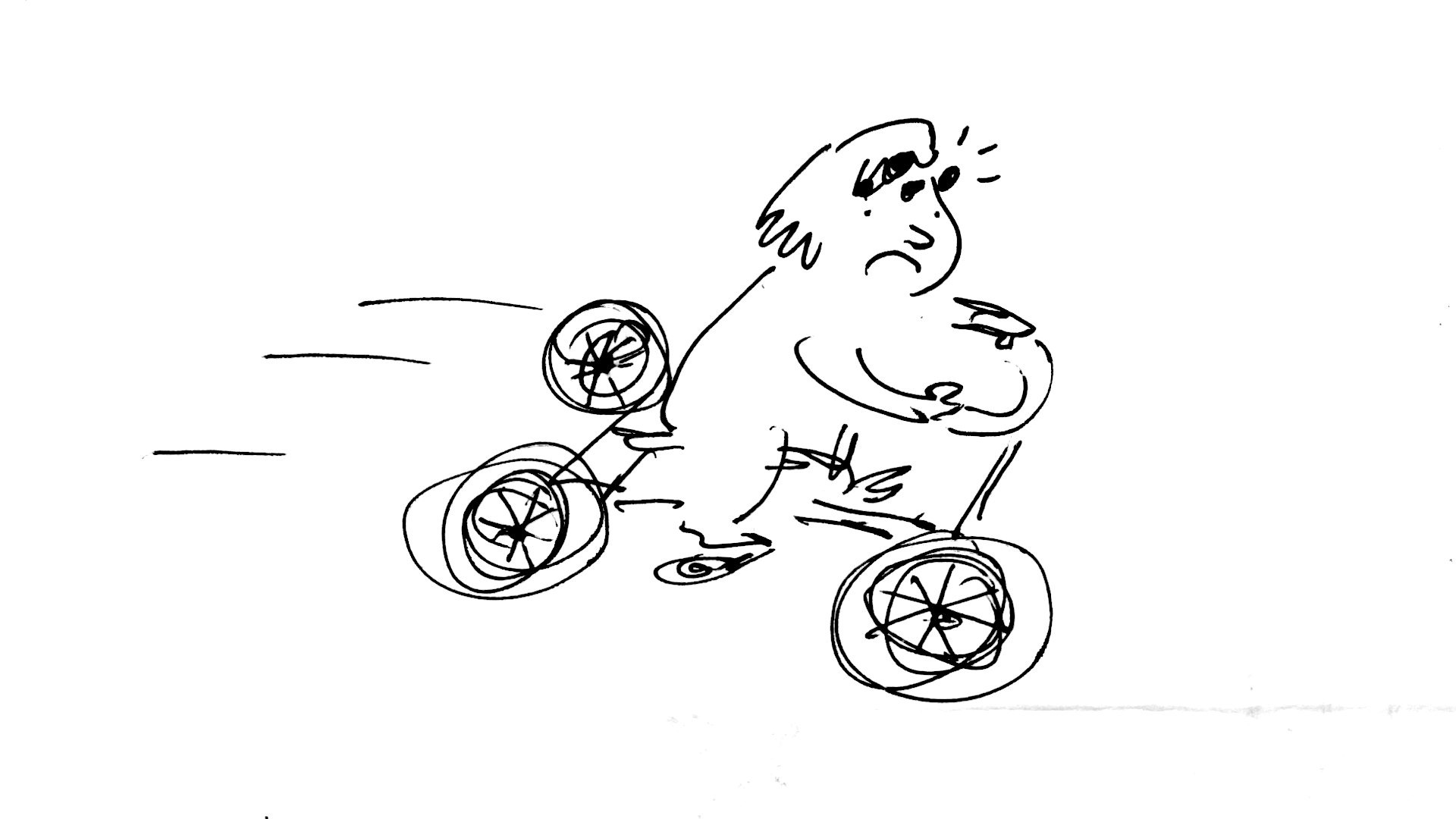 Black and white pen drawing of a girl riding a tricycle really fast with marks on her forehead.
