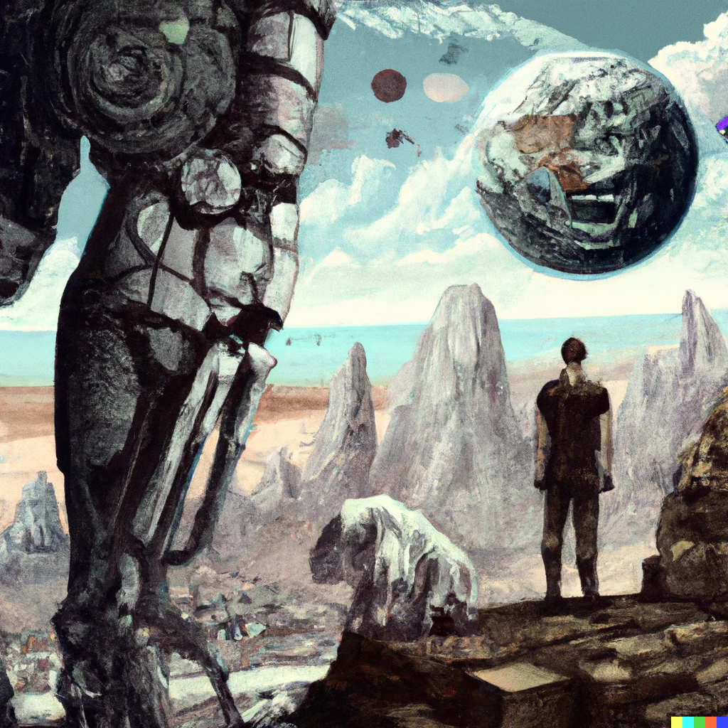 A giant robotic limb made of crumbling stone dominates the left side of an image, while in the background, a shadowy human figure standing facing away in rocky landscape, looks out on a moon or asteroid caught hurtling over distant light blue water.