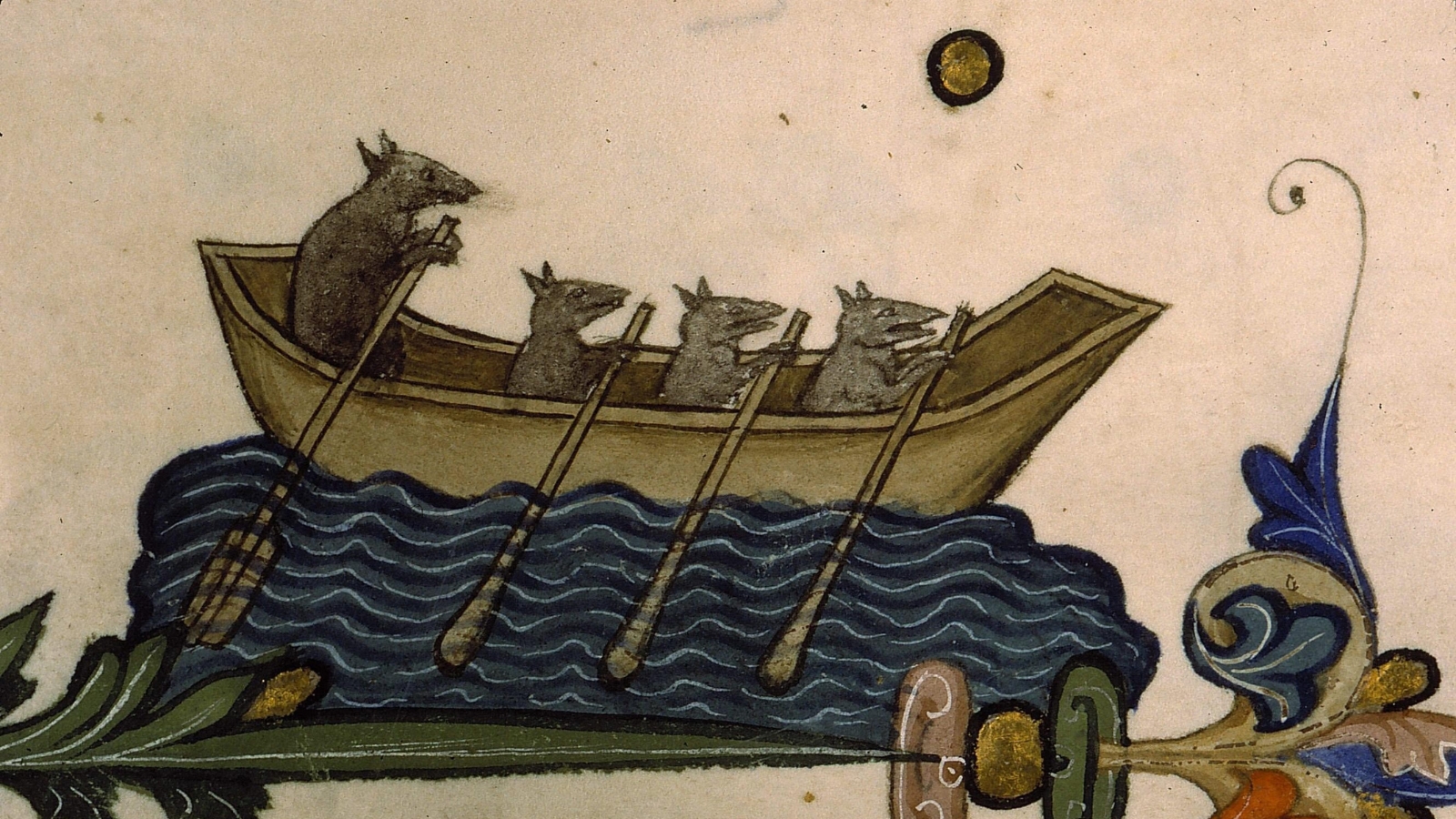 Detail of medieval illustrated manuscript marginalia of four rats holding oars in an open wooden boat resting on water on top of some page ornamentation.